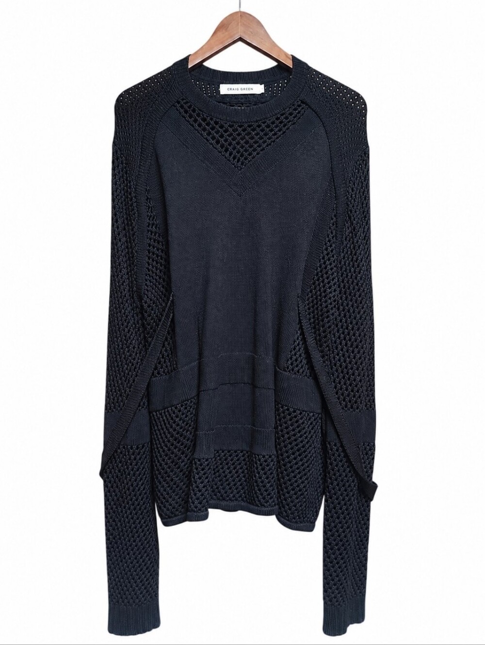 CRAIG GREEN | Black 100% Wool Open-Knit Elongated Sweater Size Large - Picture 2 of 6
